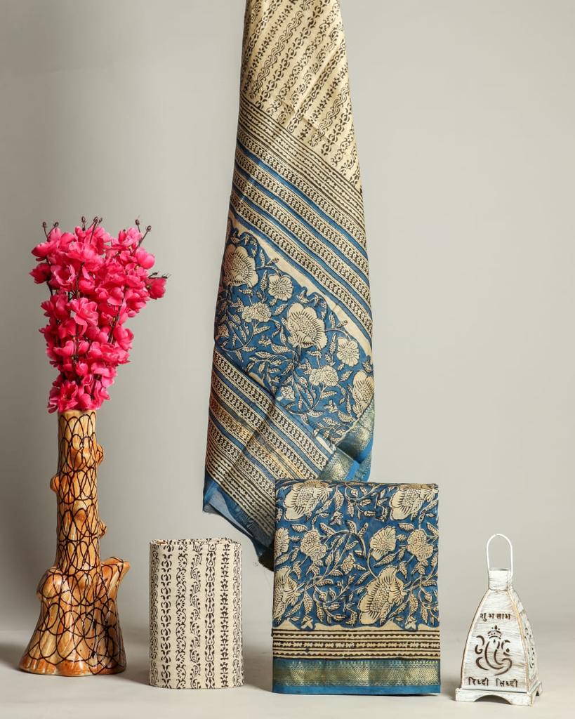 Pure Maheshwari Silk Hand block print Unstitched Suit.