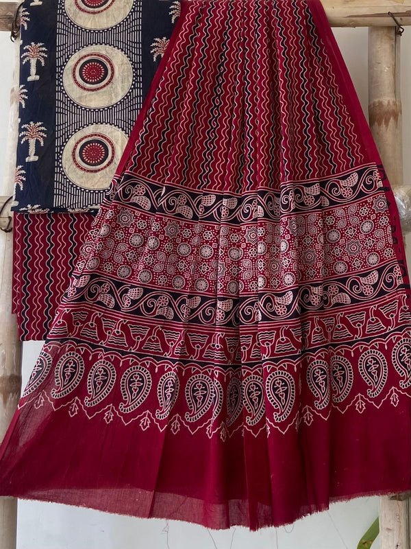 Pure Cotton Azrakh Print Unstitched Suit With  cotton Duppatta