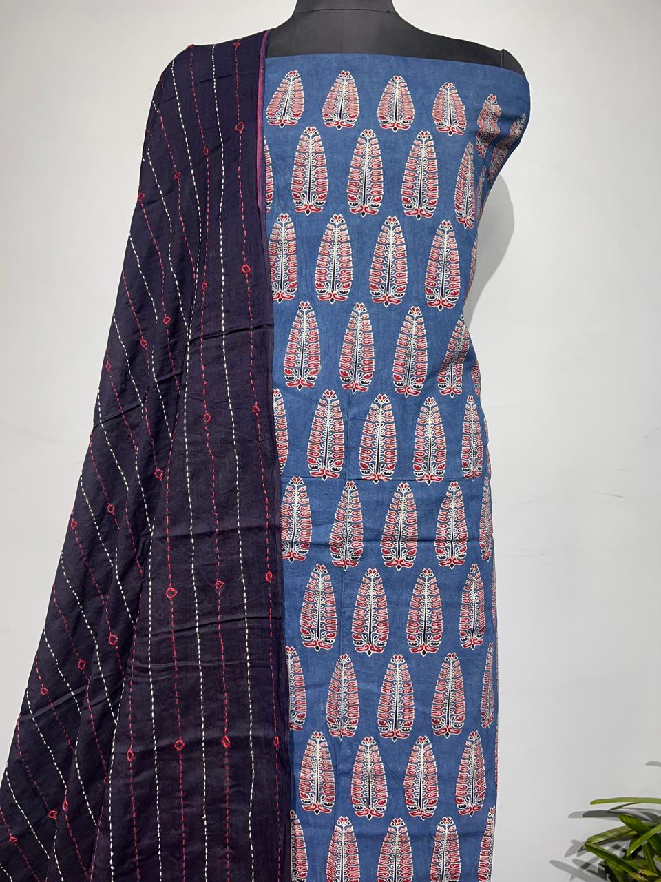 Pure Cotton Azrakh Print Unstitched suit With katha work Dupatta