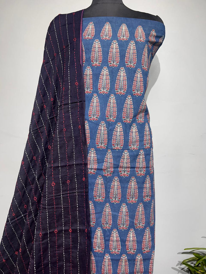 Pure Cotton Azrakh Print Unstitched suit With katha work Dupatta