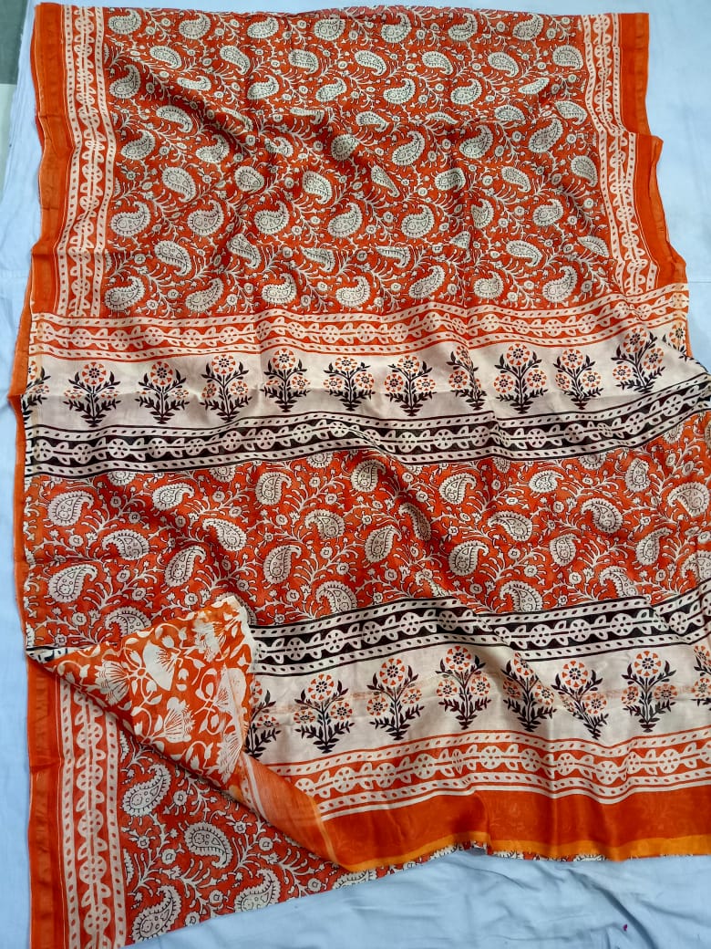 Pure Chanderi Silk Hand Block Print Saree.