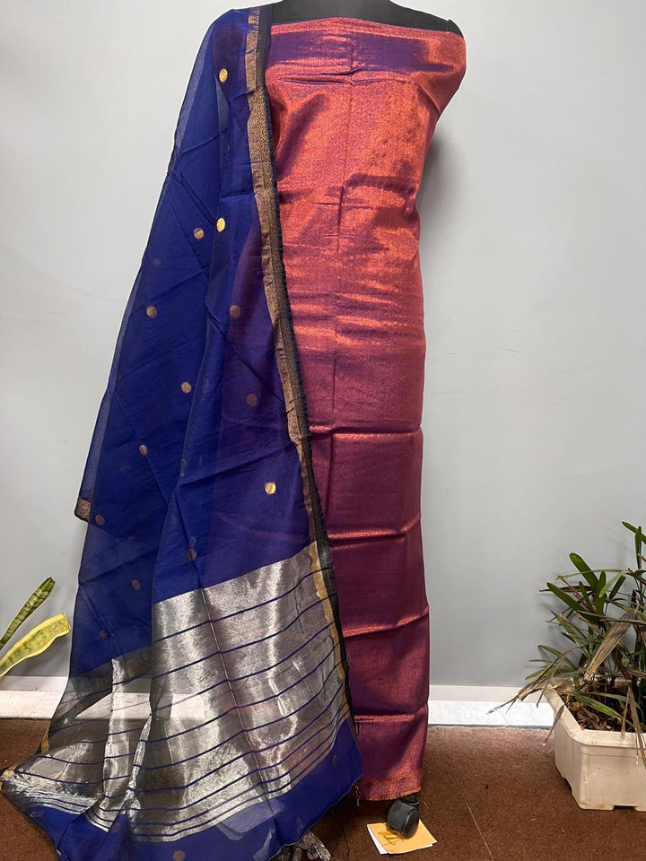 Pure Maheshwari Silk Hand Loom Unstitched Suit.(2pc Set)