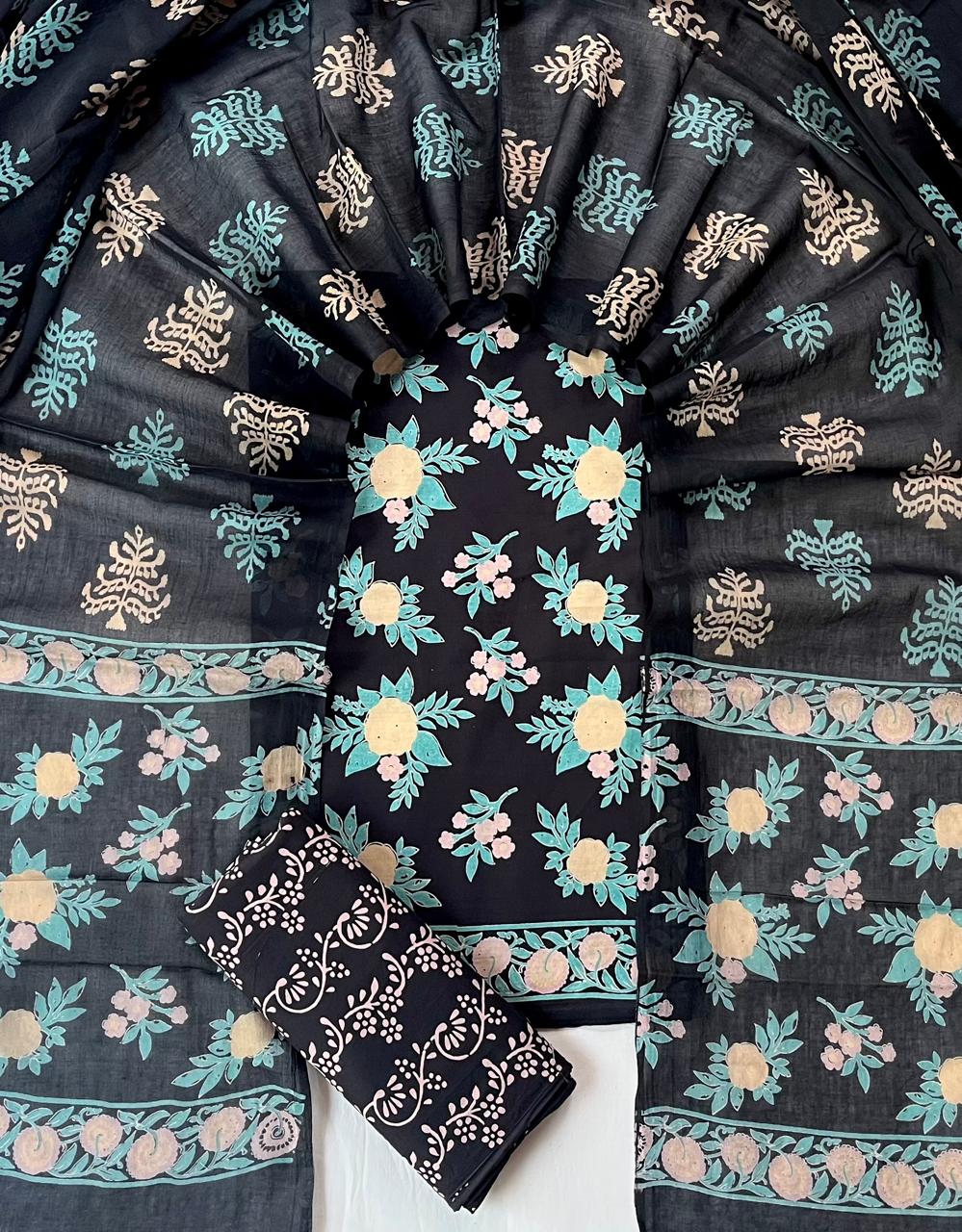 Pure Cotton Hand Block Print Unstitched Suit With Cotton Dupatta