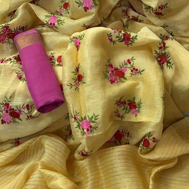 Pure Silk Linen By Linen Saree with Embroidery Work.( length- 6.3 meter )