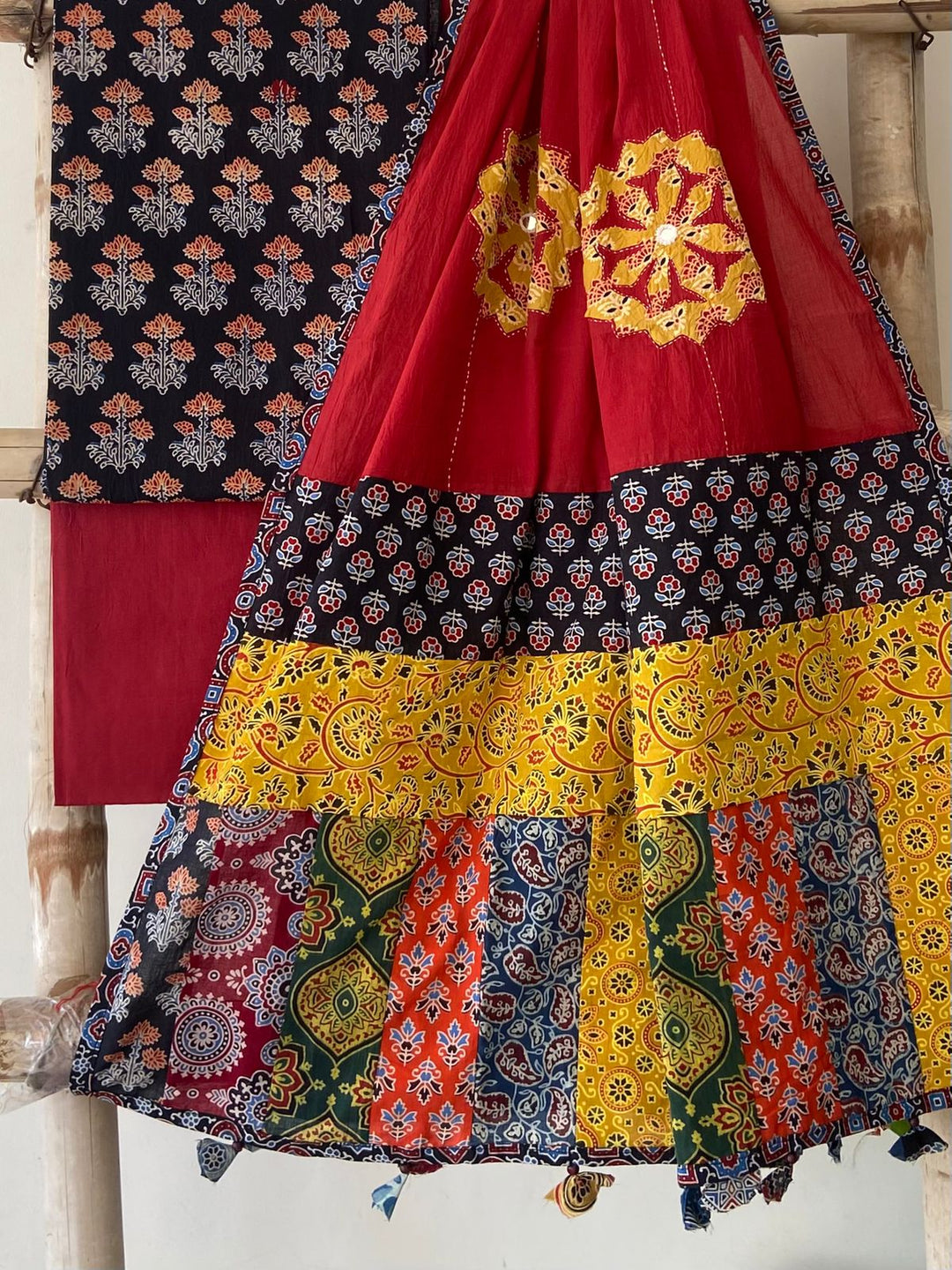 Pure Cotton Azrakh Print Unstitched suit With Hand kantha Work Dupatta