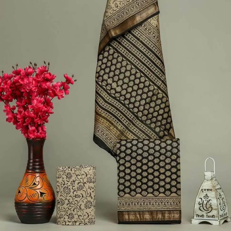 Pure Maheshwari Silk Hand block print Unstitched Suit.