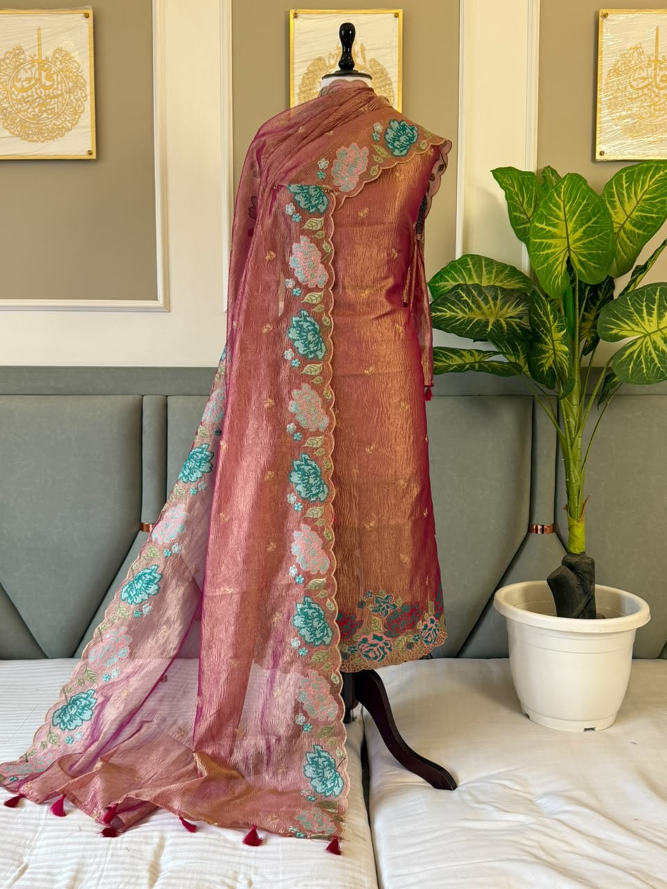 Exclusive Banarasi Tissue Crush Multi Thread Embroidery Suit Set With Dupatta