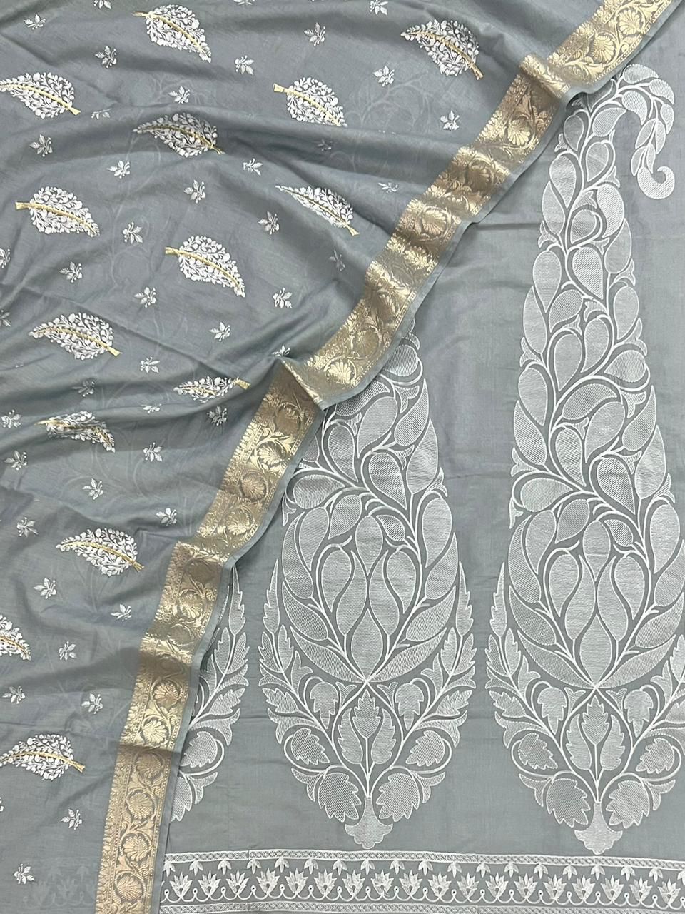Banarasi Chanderi Silk Zari work unstitched Suit With Chanderi Silk Zari Work Dupatta.