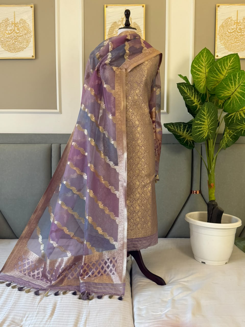 Pure Banarasi Brocade Zari work Unstitched Suit with Organza rangkat Dupatta