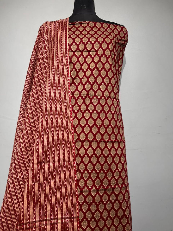 Pure Cotton Hand Block Print Unstitched Suit With Cotton Dupatta