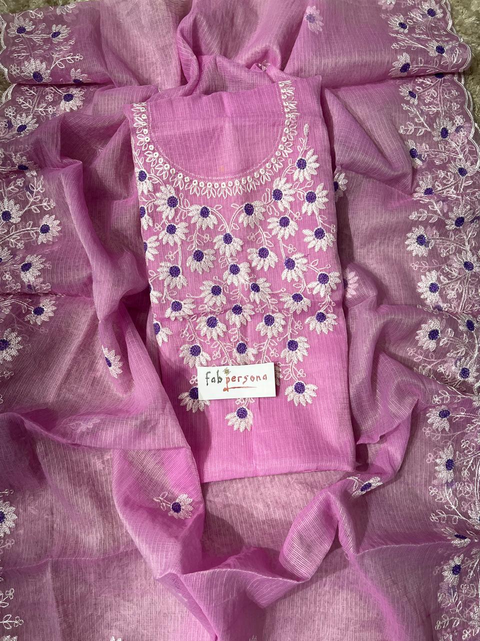 Pure Kota Doriya Embroidery Work Unstitched Suits With Chikankari Bottom.