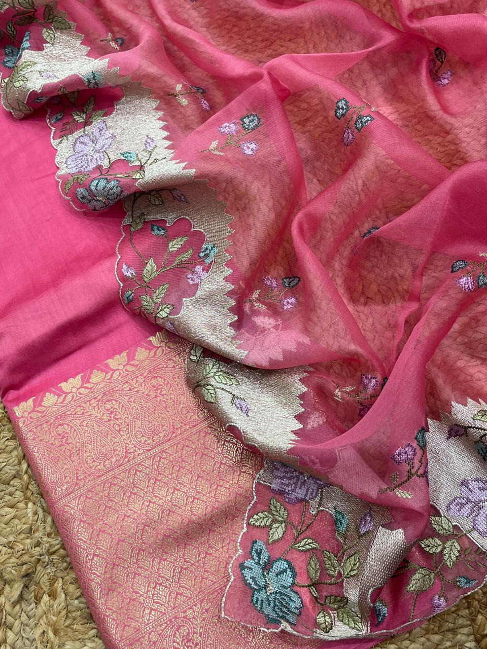 Pure Banarasi Resham Chanderi Silk Unstitched Suit With Organza Dupatta