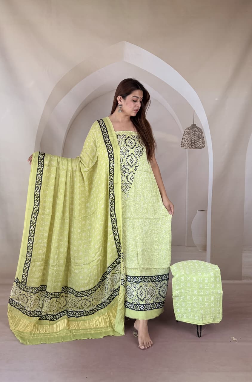 Pure Modal Silk Ajrakh Hand Block Zari Pallu Weaved 3pc Unstitched Suit