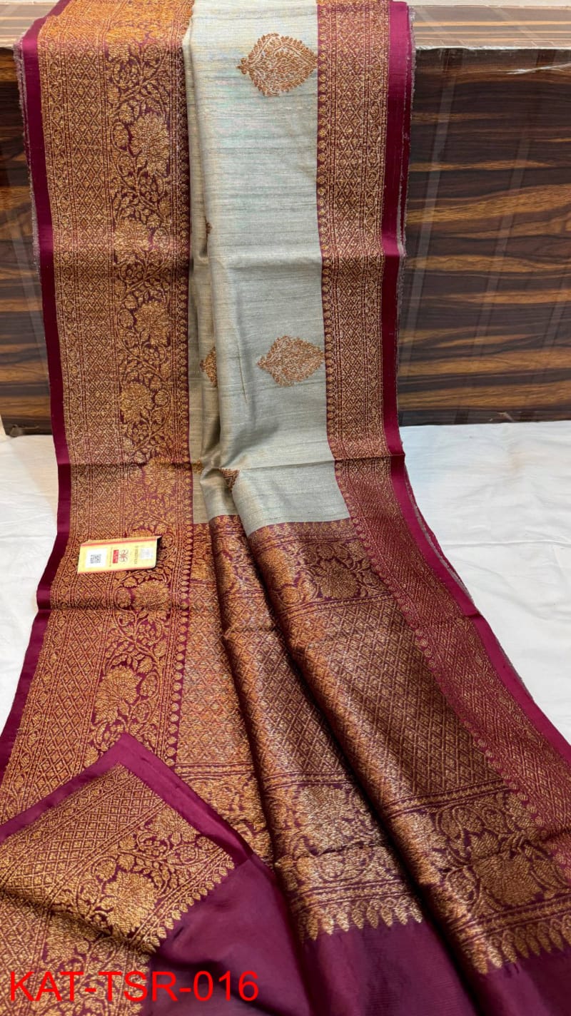 Handwoven Pure Banarasi Tussar Silk Saree With Antique Zari Work.