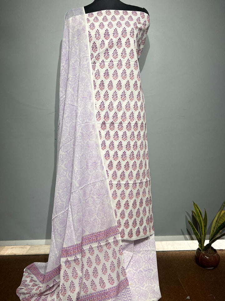 Pure Cotton Hand Block Print Unstitched Suit With Cotton Dupatta