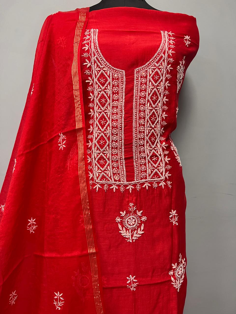 Pure Chanderi Silk Chikankari Hand Work Unstitched Suit
