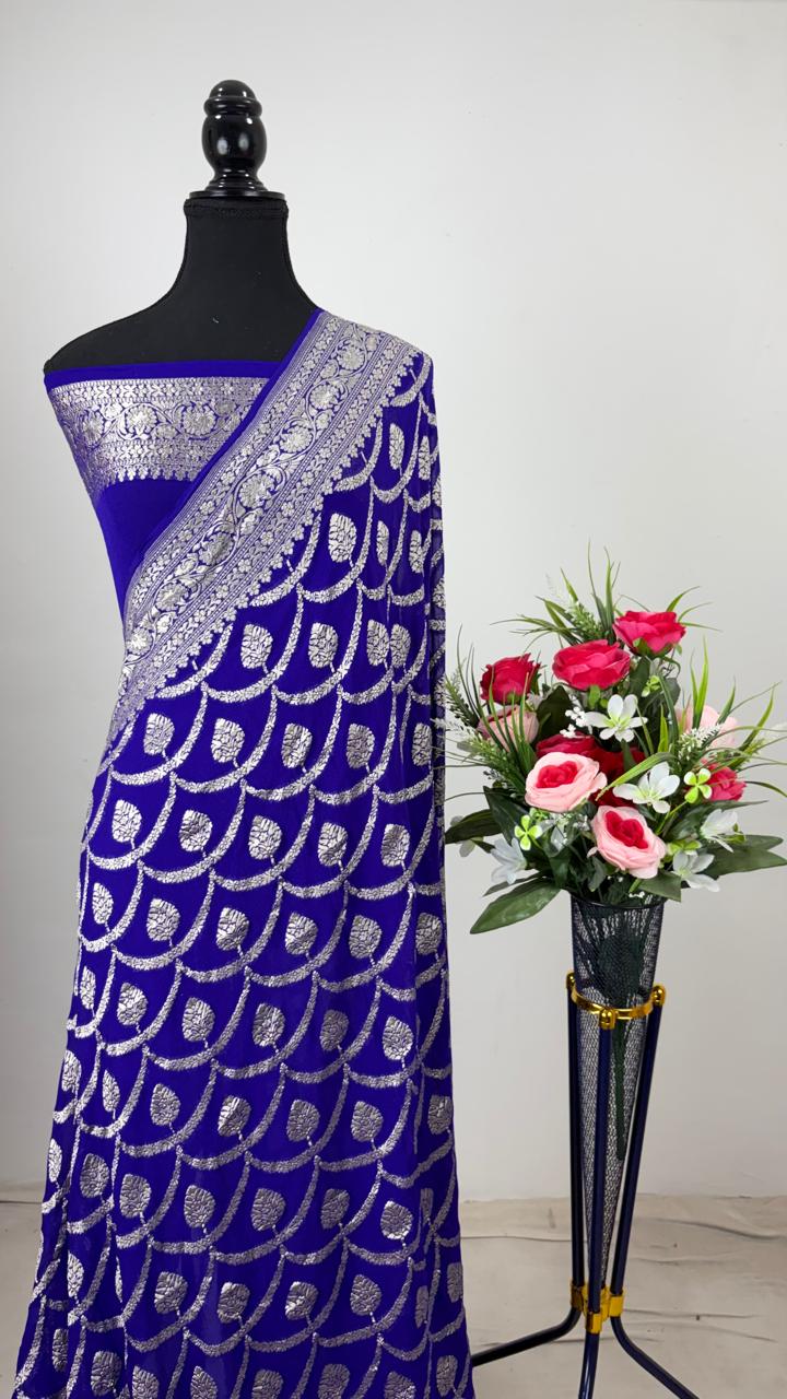 Pure Banarasi Handloom Khaddi Georgette Silk Water Zari Work Saree. | NEW EDITION