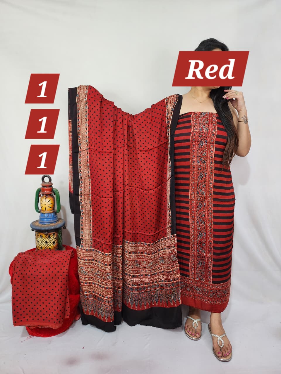 Pure modal silk ajrakh natural 3pc Unstitched  suit