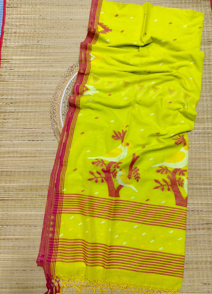 Pure Cotton Handloom Jamdani Bird Motif Saree With Blouse