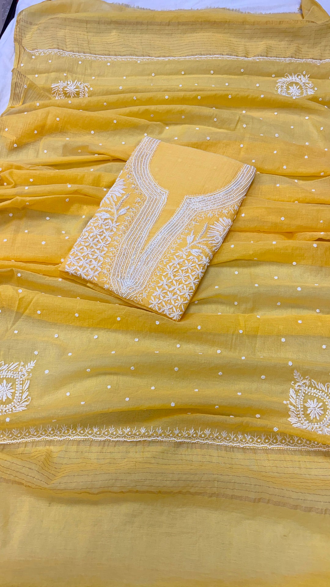 Pure Mul- Mul Chakiankari Work Unstitched Suit with Pearl and Cutdana work