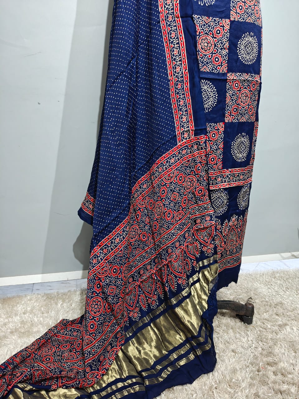 Pure Modal Silk Ajrakh Hend Block Zari Pallu Weaved 3pc Unstitched Suit