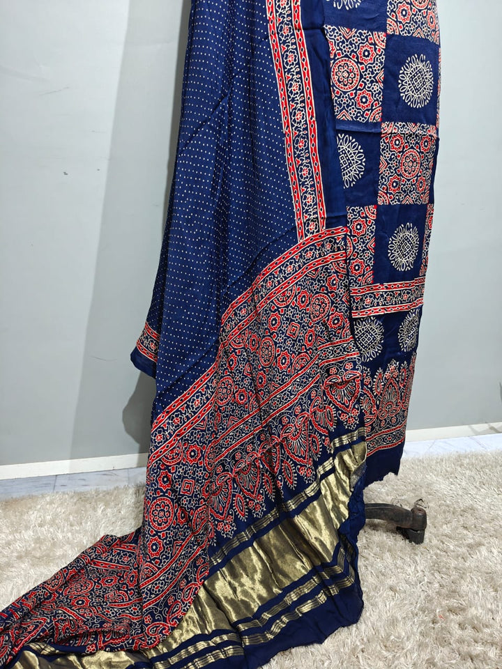 Pure Modal Silk Ajrakh Hend Block Zari Pallu Weaved 3pc Unstitched Suit