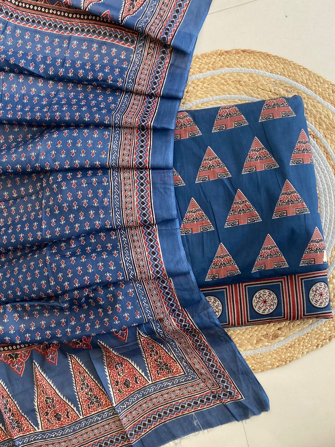 Pure Cotton Azrakh Print Unstitched Suit With  mul cotton  Duppatta