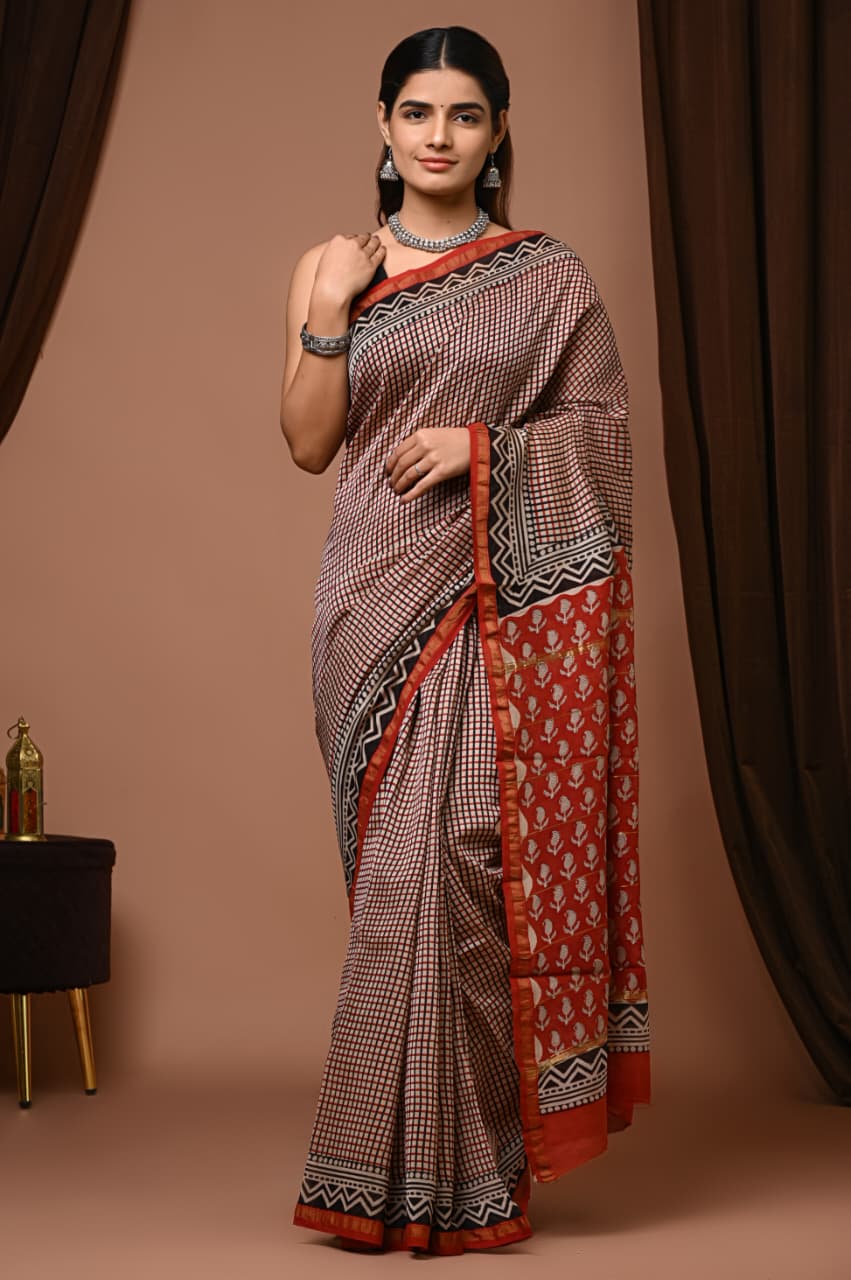Hand Block Print Pure Chanderi Saree With Blouse