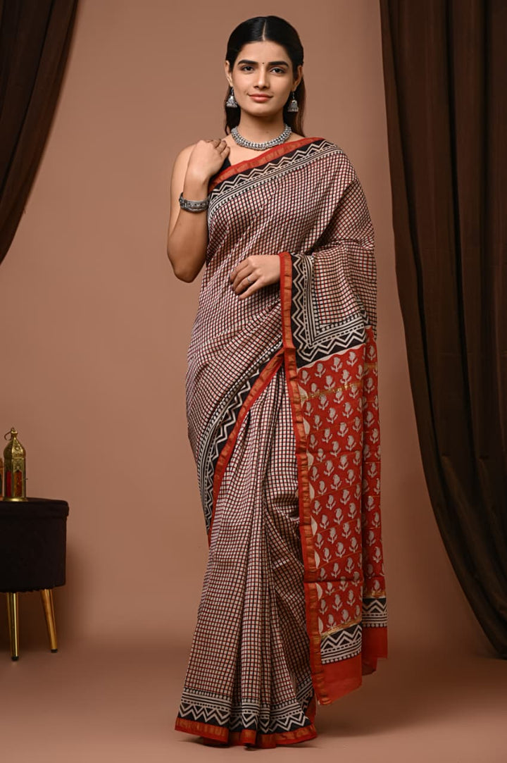Hand Block Print Pure Chanderi Saree With Blouse