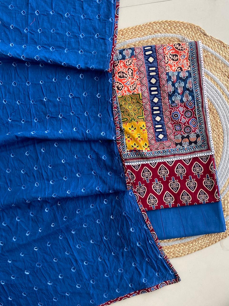 Pure Cotton Azrakh Print Unstitched Suit With Heavy Mirror Work