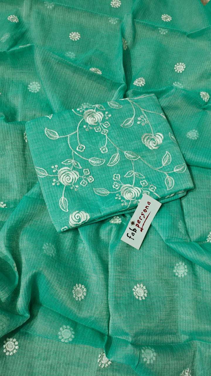 Pure Cotton Kota Doriya Hand Embroidery Unstitched Suit With Chikankari Bottom.