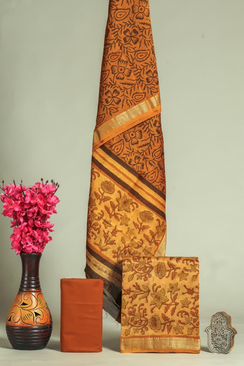 Pure Maheshwari Silk Hand block print Unstitched Suit.