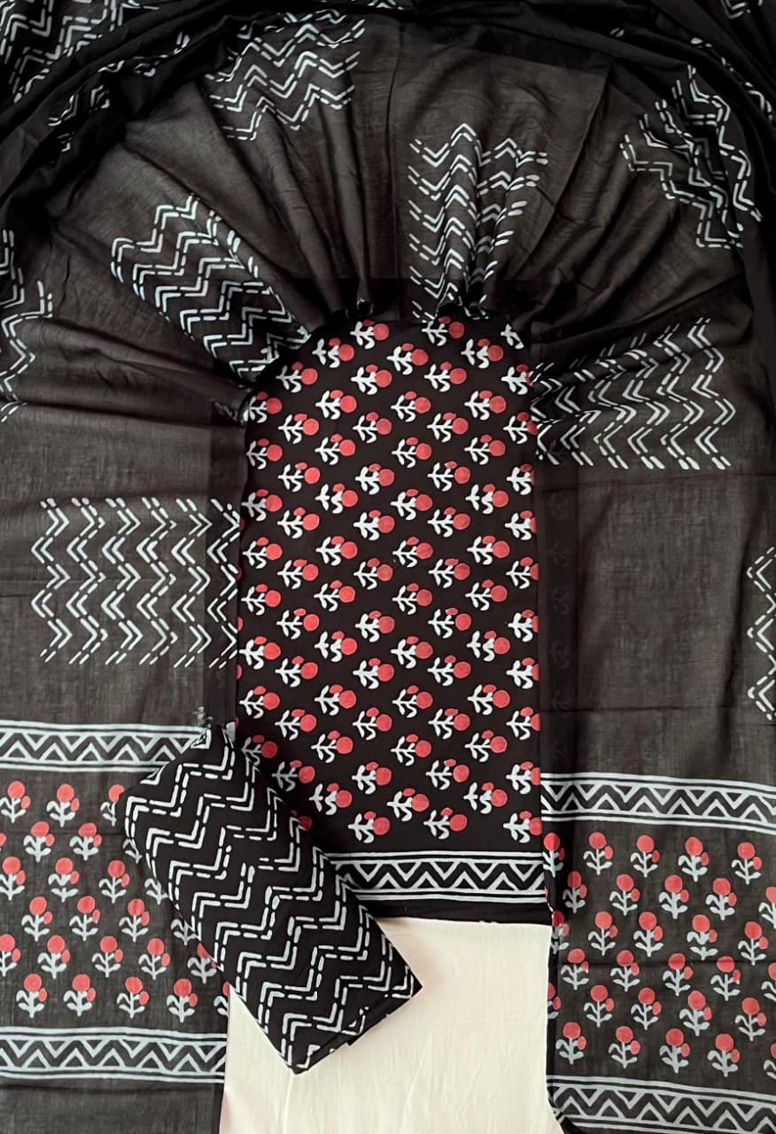Pure Cotton Hand Block Print Unstitched Suit With Cotton Dupatta