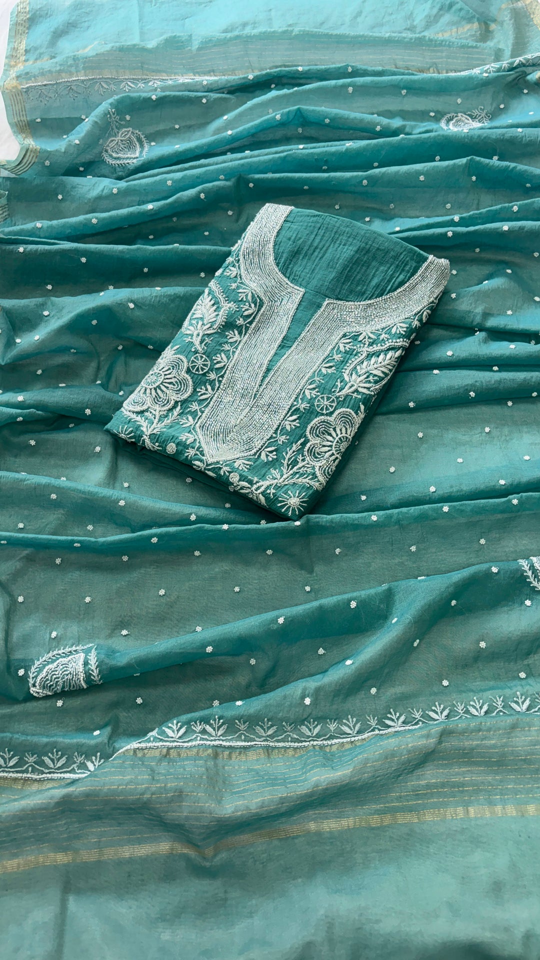 Pure Mul- Mul Chakiankari Work Unstitched Suit with Pearl and Cutdana work