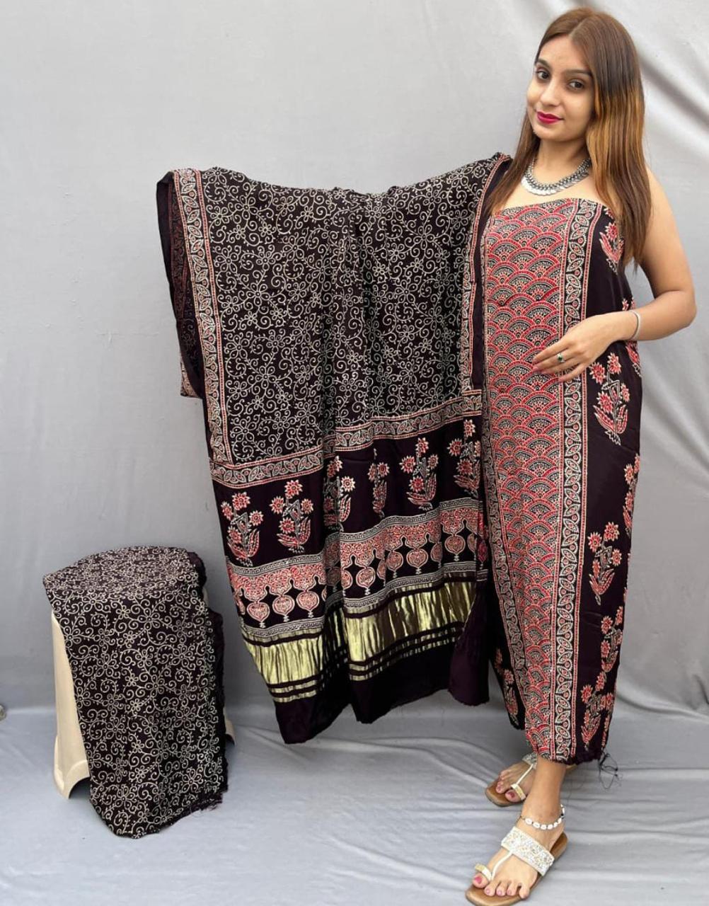 Pure Modal Silk Ajrakh Hend Block Zari Pallu Weaved 3pc Unstitched Suit .