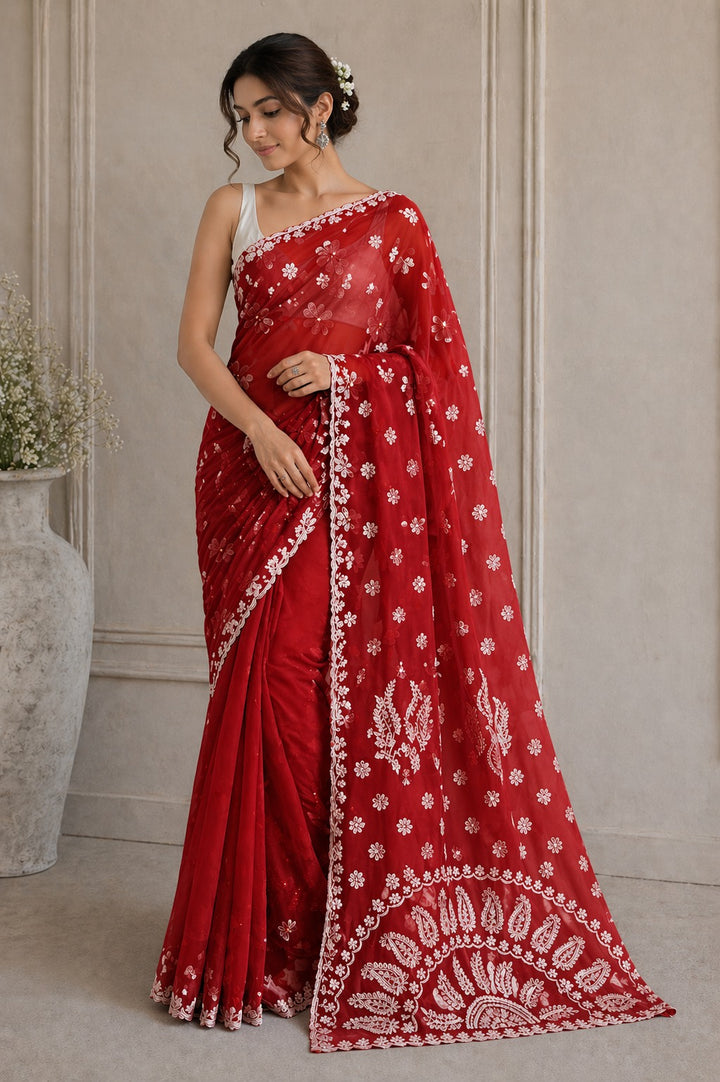 Pure Chiffon Chikankari Half Jaal Work Hand Embroidery Saree with Blouse