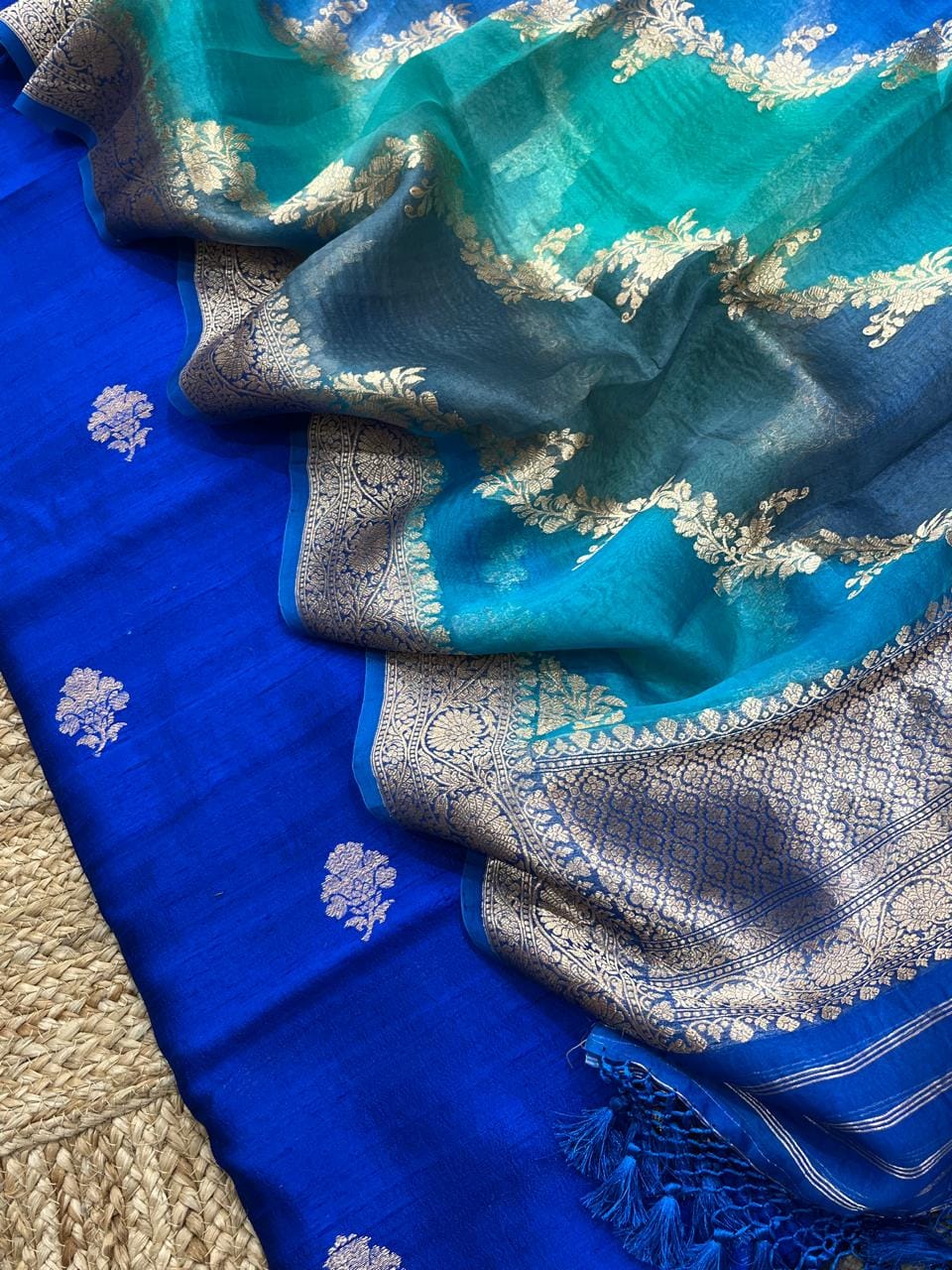 Pure Banarasi Raw Mango Silk Zari Weaved Unstitched Suit with Pure Khaddi Organza Dupatta.