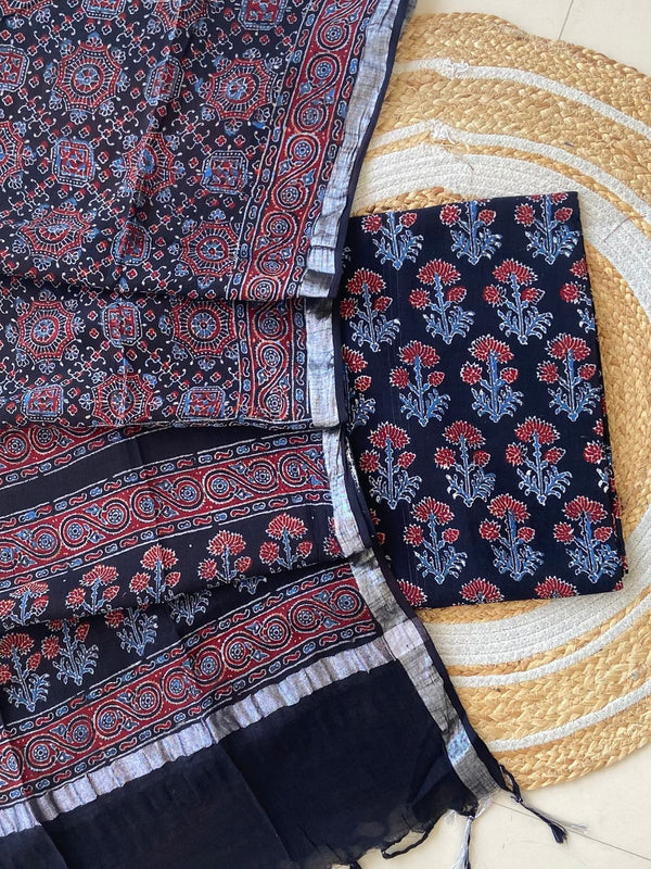 Exclusive Azrakh Hand block Pure Cotton Linen 2-Piece Unstitched Suit  With Dupatta