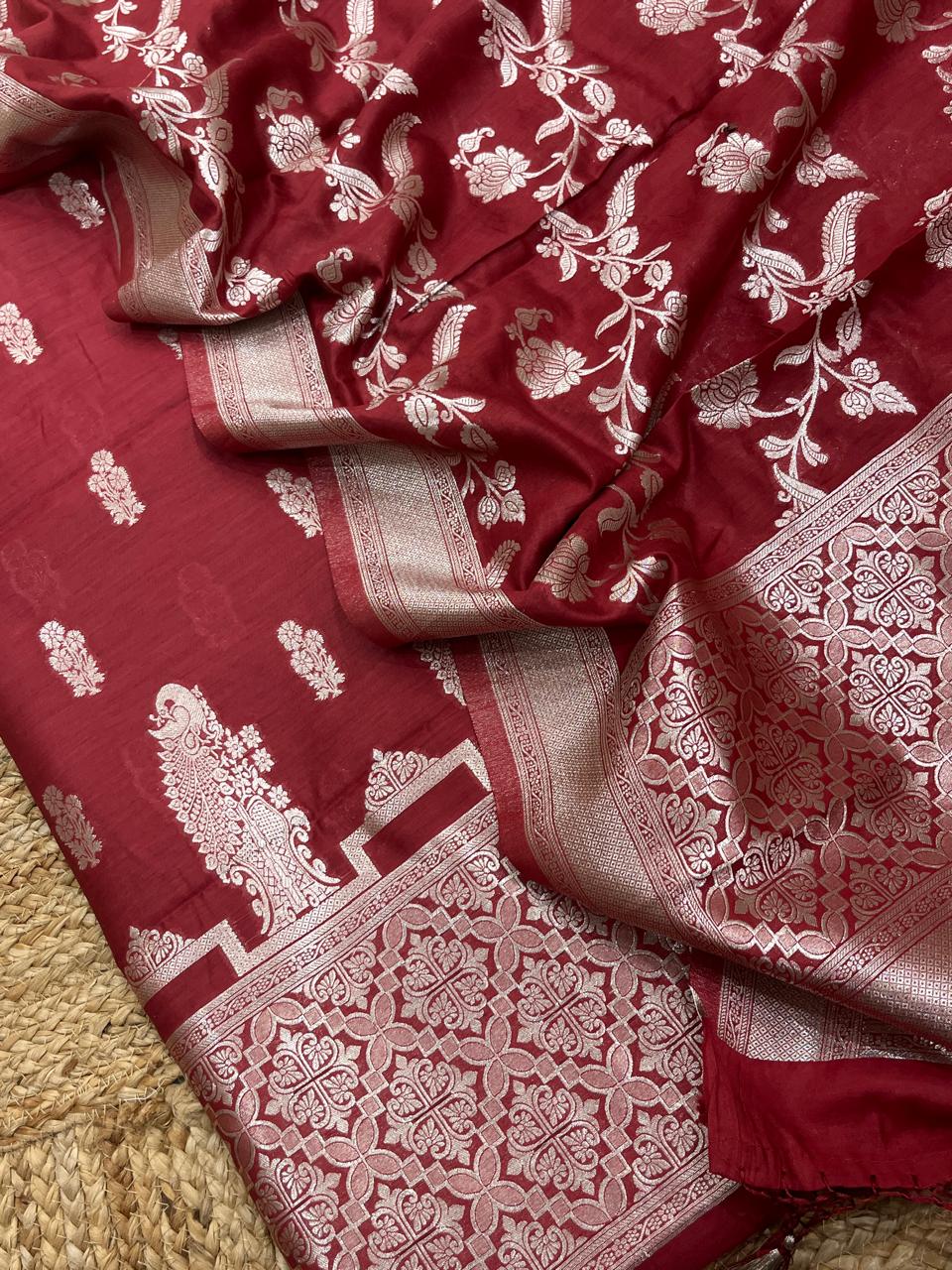 Pure Banarasi  Chanderi Silk Zari Work Unstitched Suit