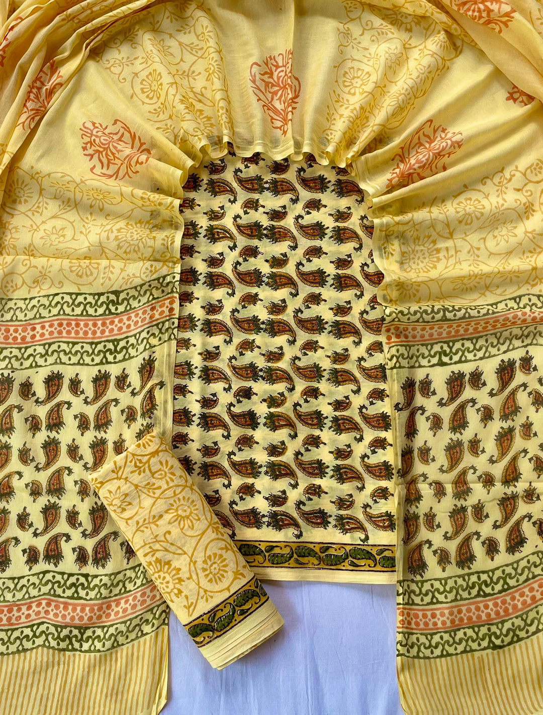 Pure Cotton Hand Block Print Unstitched Suit With Cotton Dupatta