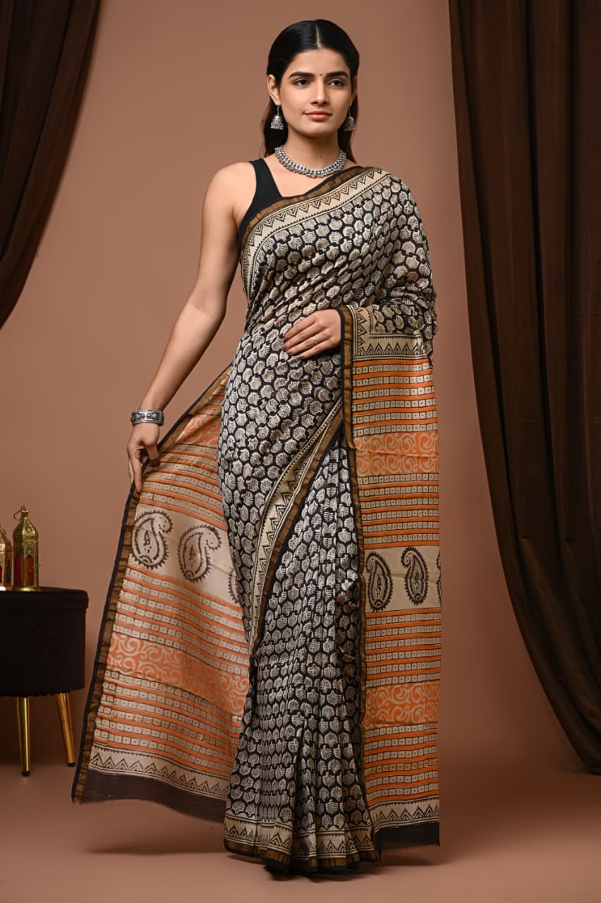Hand Block Print Pure Chanderi Saree With Blouse