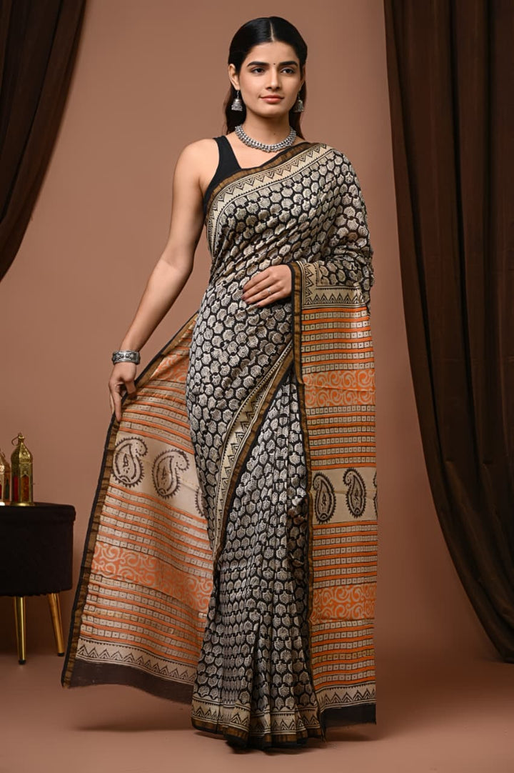 Hand Block Print Pure Chanderi Saree With Blouse