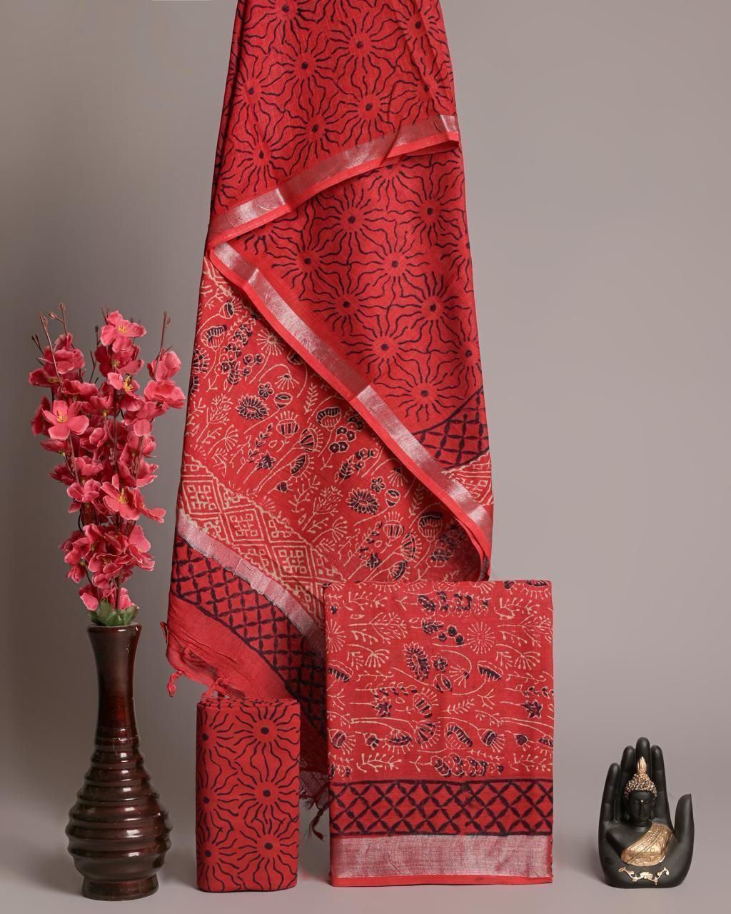 Hand Block Printed Linen Unstitched Suit.