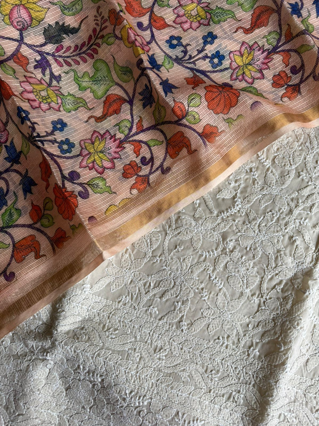 Pure Cotton Chikankari Hand Work Unstitched suit With Kalmkari Kota Doriya Dupatta.(without bottom)