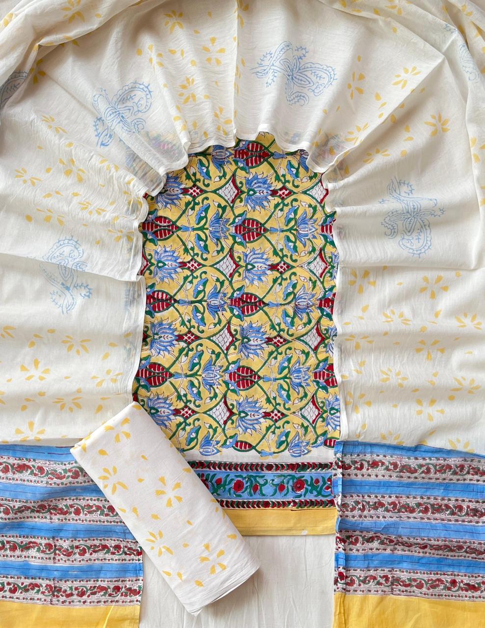 Pure Cotton Hand Block Print Unstitched Suit With Cotton Dupatta