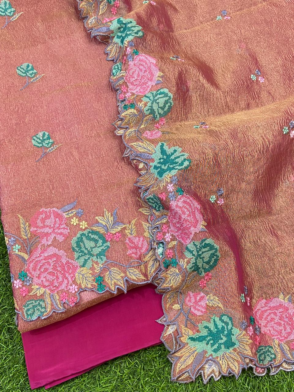Pure Banarasi Tissue Crush Silk Embroidery Cutwork Unstitched Suit.