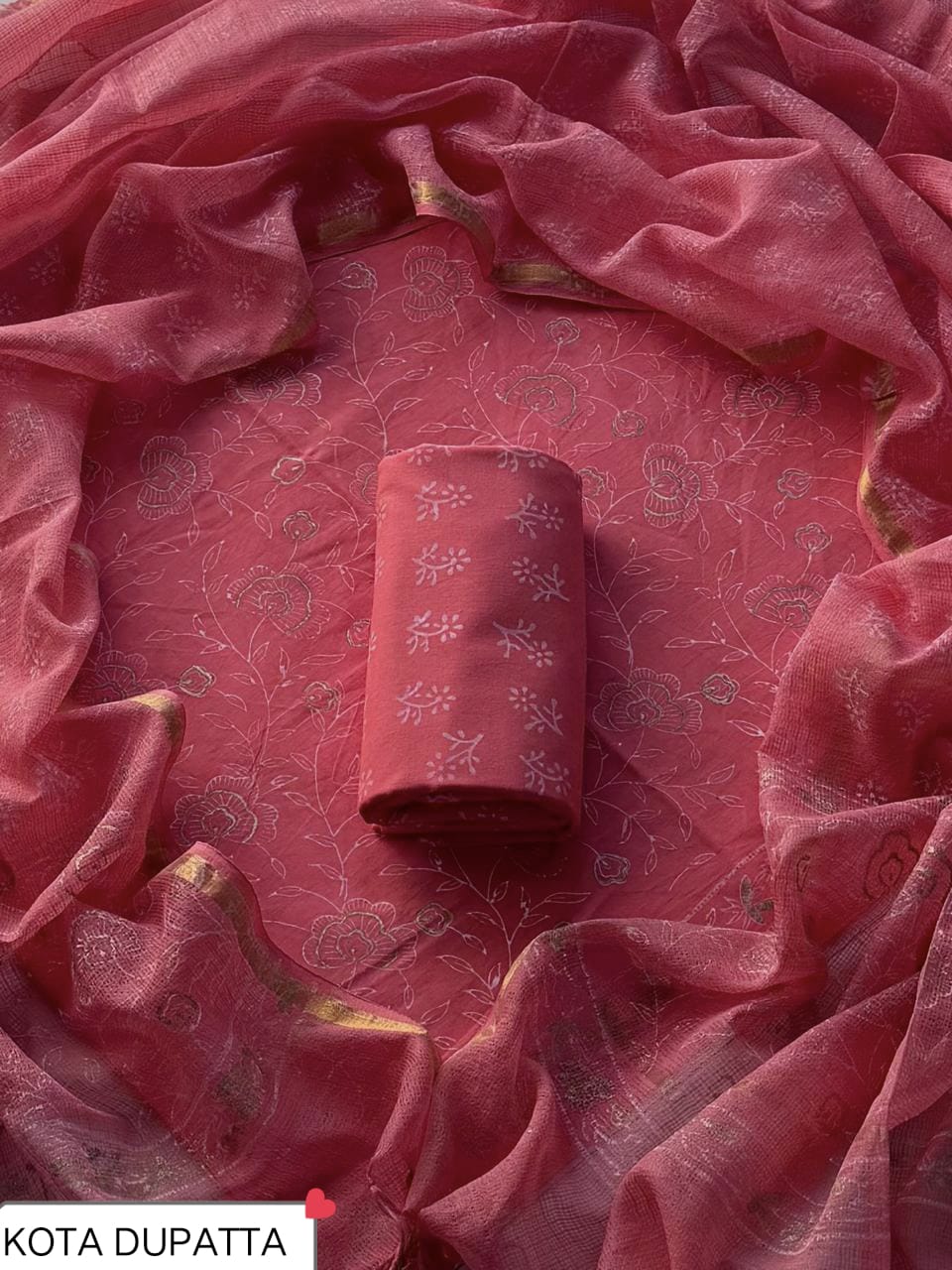 Pure Cotton Hand block print Unstitched Suit with Kota Dupatta