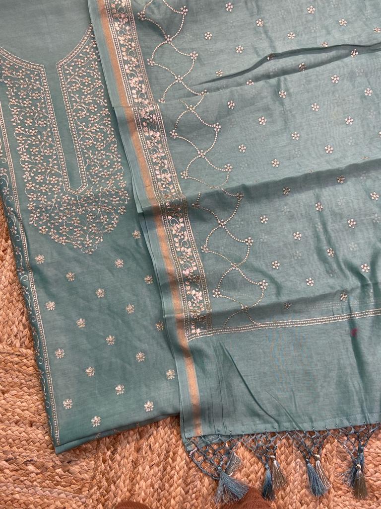 Pure Banarasi Resham Chanderi Silk Zari Embroidery Unstitched Suit.