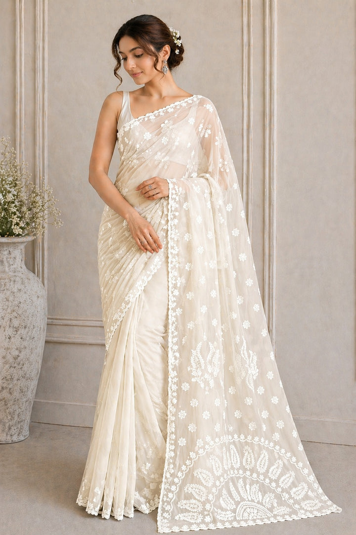 Pure Chiffon Chikankari Half Jaal Work Hand Embroidery Saree with Blouse