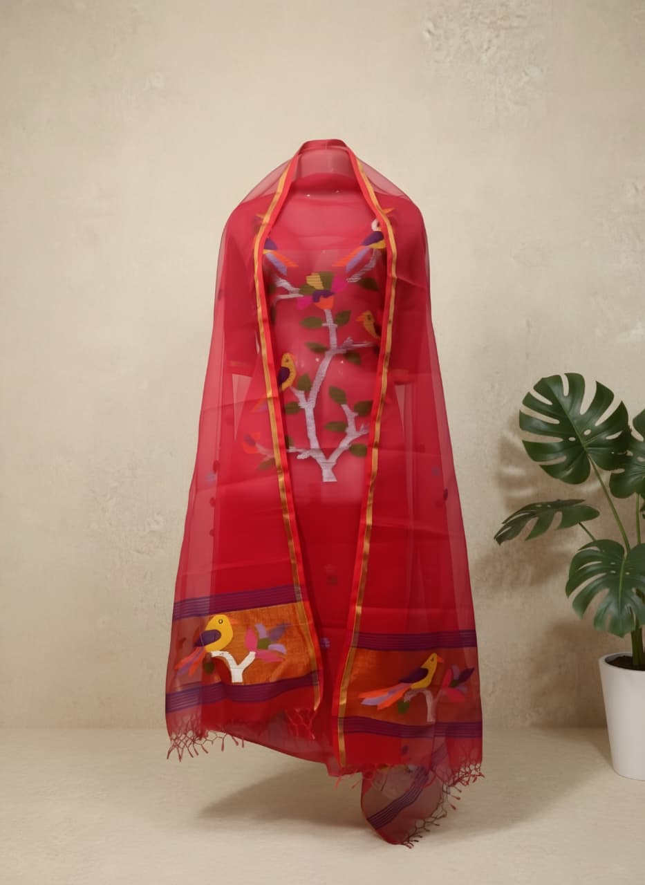 Pure Maslin Silk 2PC Jamdani Unstitched Suit .